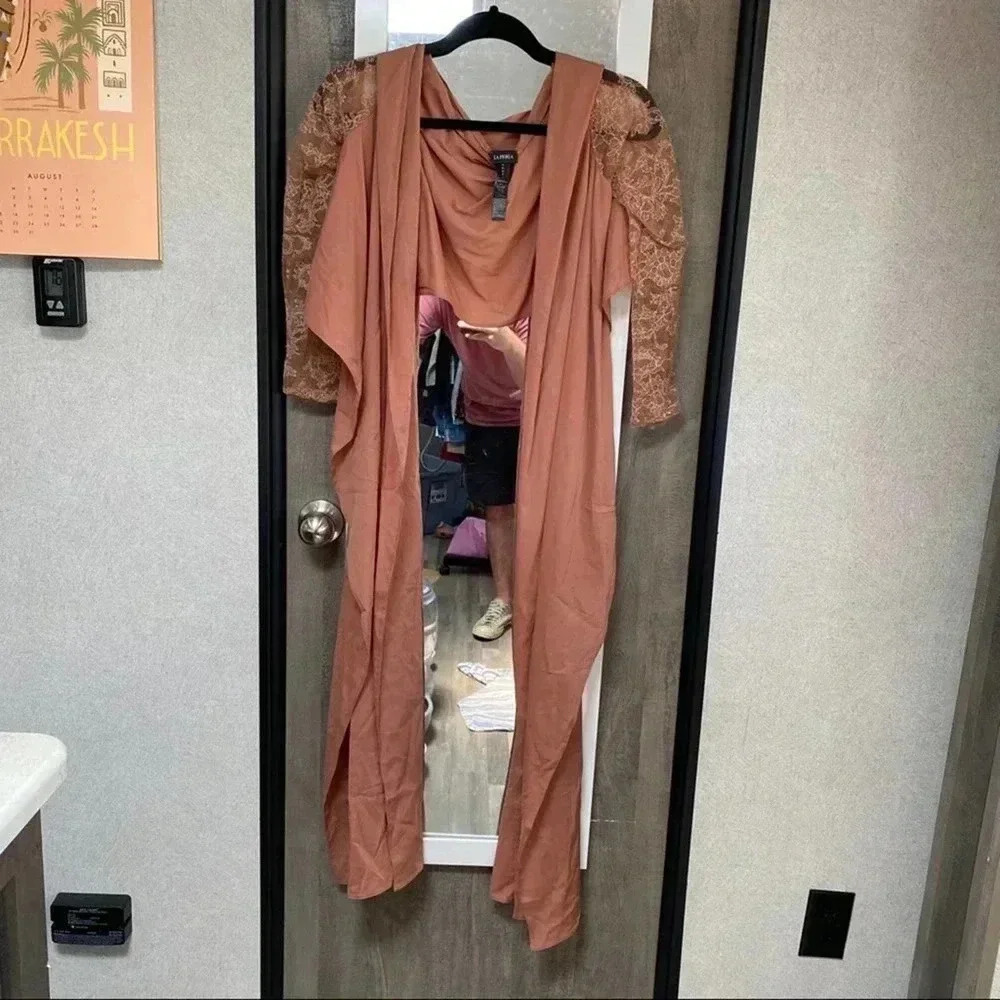 La Perla Wrap Blouse Top Dusty Rose Nude Draped Lace Sleeves Size 38 - Picture 2 of 6